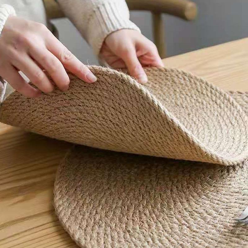 1PC Grass Woven Coaster Circular Placemat Hand Woven Insulation Pad Elliptical Cotton and Hemp Bowl Mat Pot Mat Simple Natural