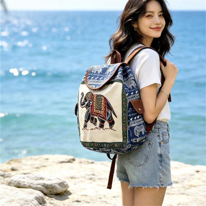 Damen Ethnisch Elefantenmuster Rucksack Leinwand Kordelzug Schultasche Vintage Reise Tagesrucksack Umhängetasche