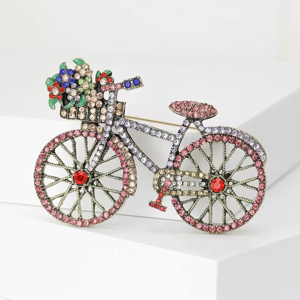 Creatieve Fiets Broche voor Dames Heren Mode Strass Bloemenmand Broches Spelden Sieraden Accessoires Feest Cadeaus 2025