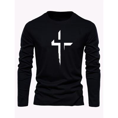 Men's  Loose Fit Plus Size Comfortable Casual Sports Cross Print Round Neck Long Sleeved T-shirt Top