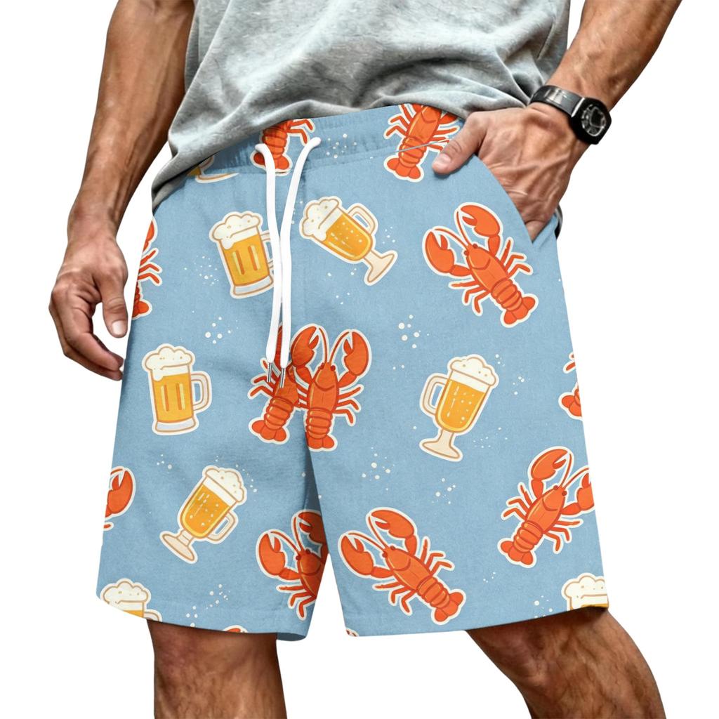 Men's Hawaiian Print Mesh Shorts with Drawstring Elastic Waist for Summer Beach
