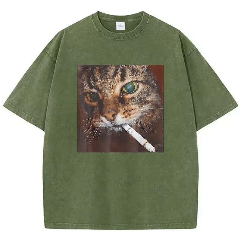 Hip Hop 2000s Smoking Retro Cat T Shirt Vintage Washed Cotton T-Shirt Graphic Tee Casual Streetwear Spring Summer