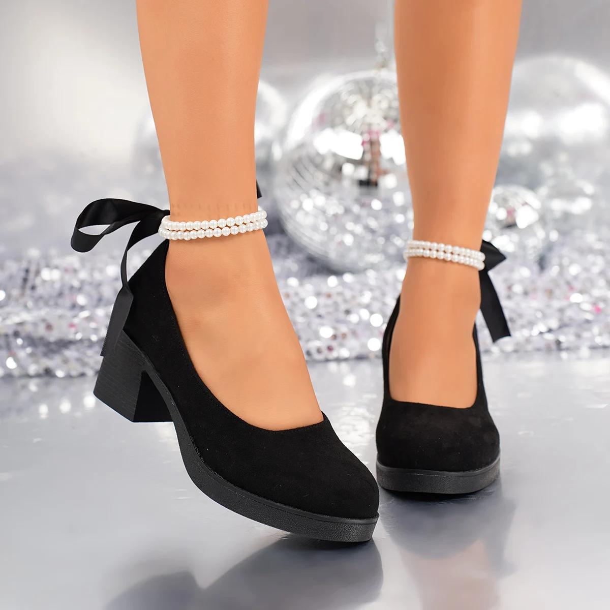 

Fashion Retro Suede Black Mary Jane Shoes Women 2025 Summer Elegant Ankle Pearl Chain Medium Heel Pumps Luxury Bowknot Party Dress Pumps 42 чёрный