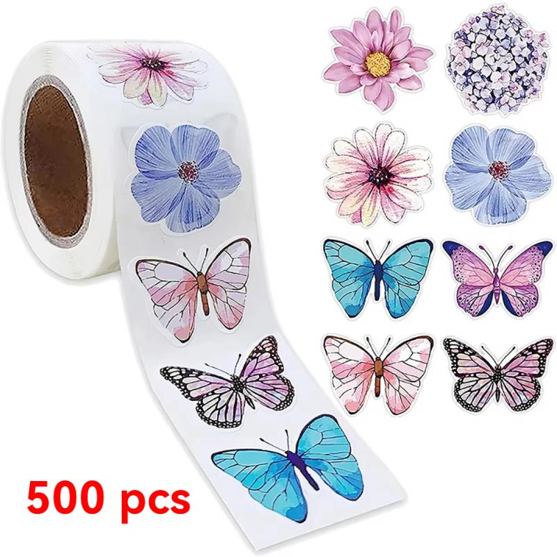 500Pcs/Roll Butterfly Flower Animation Capybara Stickers Anime Decal Cute Kawaii Animation Round Label Sticker For Kids Plaything Gifts