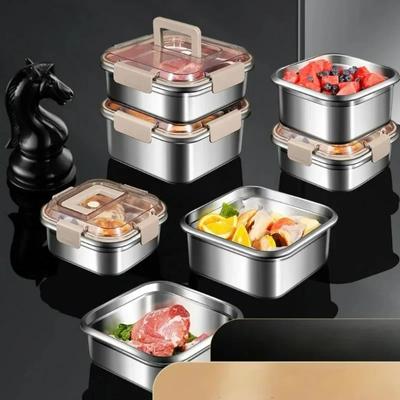 Stainless Steel Handle Lunch Box Food Grade Refrigerator Storage Box Microwave Household Large Capacity Sealed Picnic Box