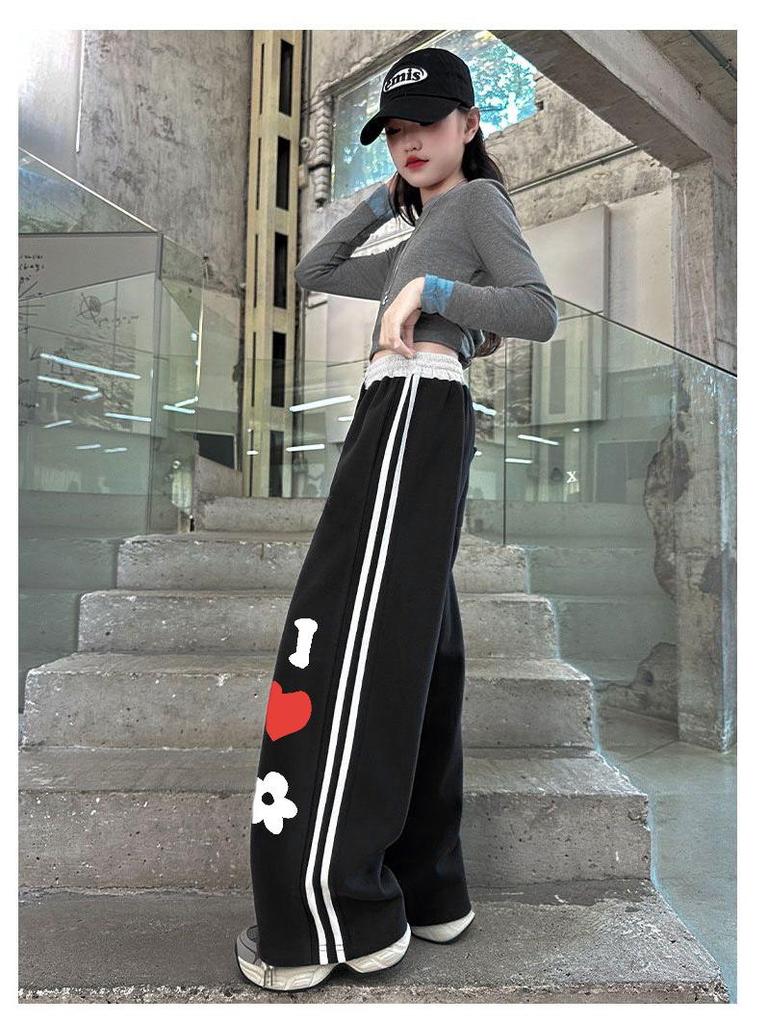 Girls' 2025 Autumn Fleece-Lined Wide-Leg Heart Sweatpants - Medium & Large Sizes