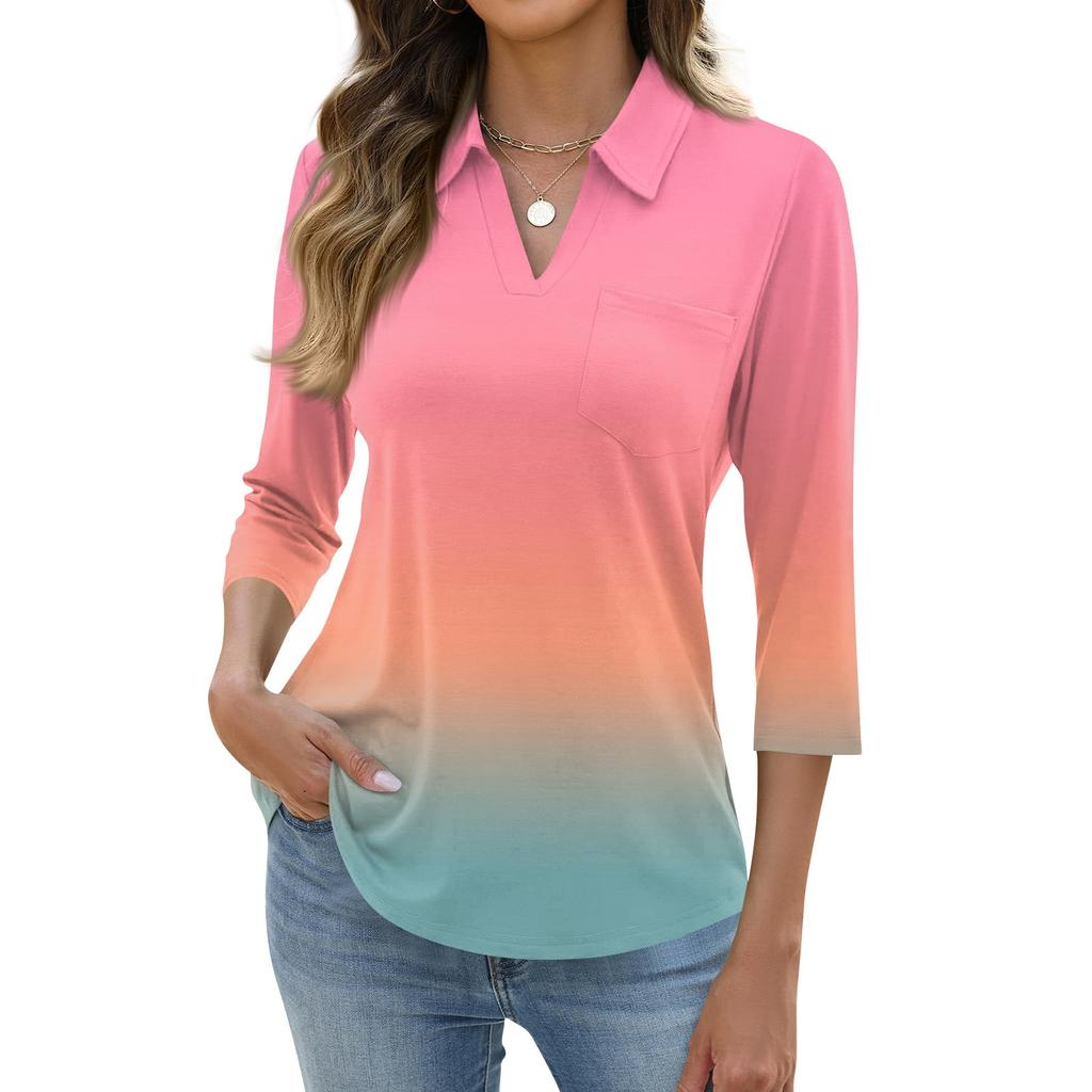 Women's Fashion Casual Lapel Short 3/4 Sleeve Print Shirt Women's Up Tops