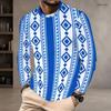 Men Plus Size Round Neck Long Sleeve Geometric Printed Blue Straight Hem T Shirt