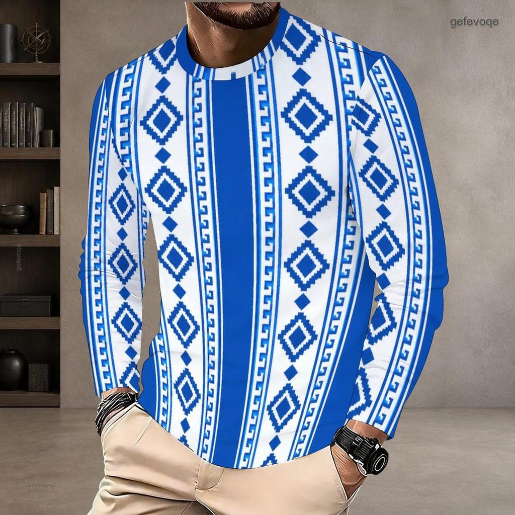 Men Plus Size Round Neck Long Sleeve Geometric Printed Blue Straight Hem T Shirt