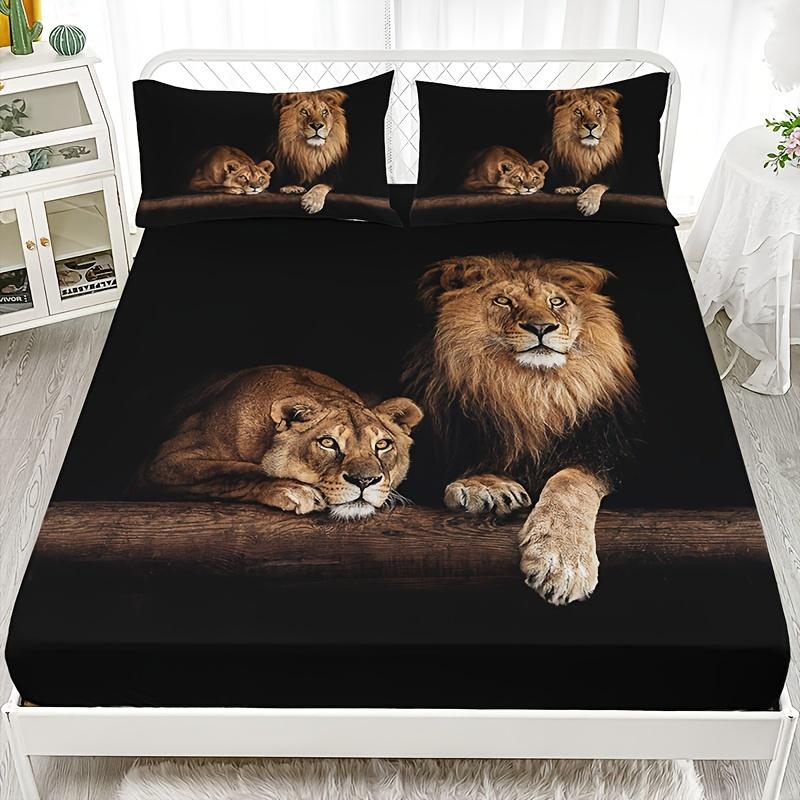 3pcs Fitted Sheet Set Black Lion Animal 3D Printed 100% Polyester Cover Breathable Bedding Set Home Decor with 2 Pillowcases