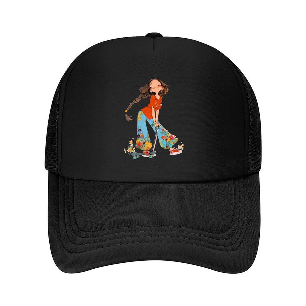 Cute Girl With Braid Scooter Floral Pants Graphic Mesh Baseball Cap For Womens Unisex FeUnisex Beach Dad Hat Hip Hop