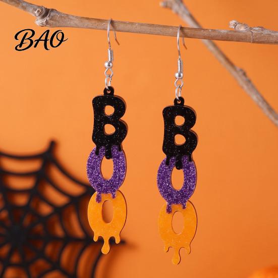 Festival Jewelry Accessories 1 Pair Glitter Halloween BOO Earrings, Sparkly Acrylic Black Purple Orange Fun Festive Party Boo Dangle Drop Earrings for