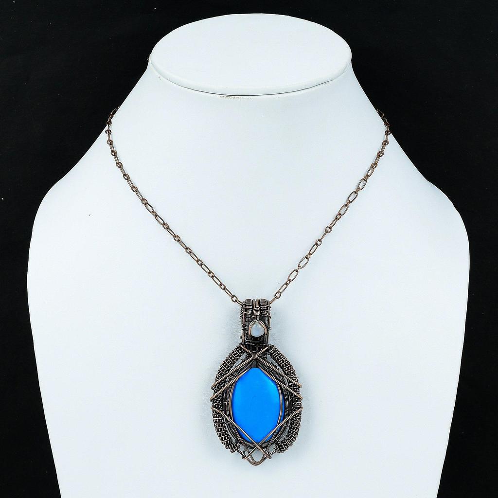 Pingente de turquesa da Bela Adormecida, fio de cobre enrolado, pingente de pedra da lua arco-íris, joia de cobre feita à mão, pingente de pedra preciosa para presente