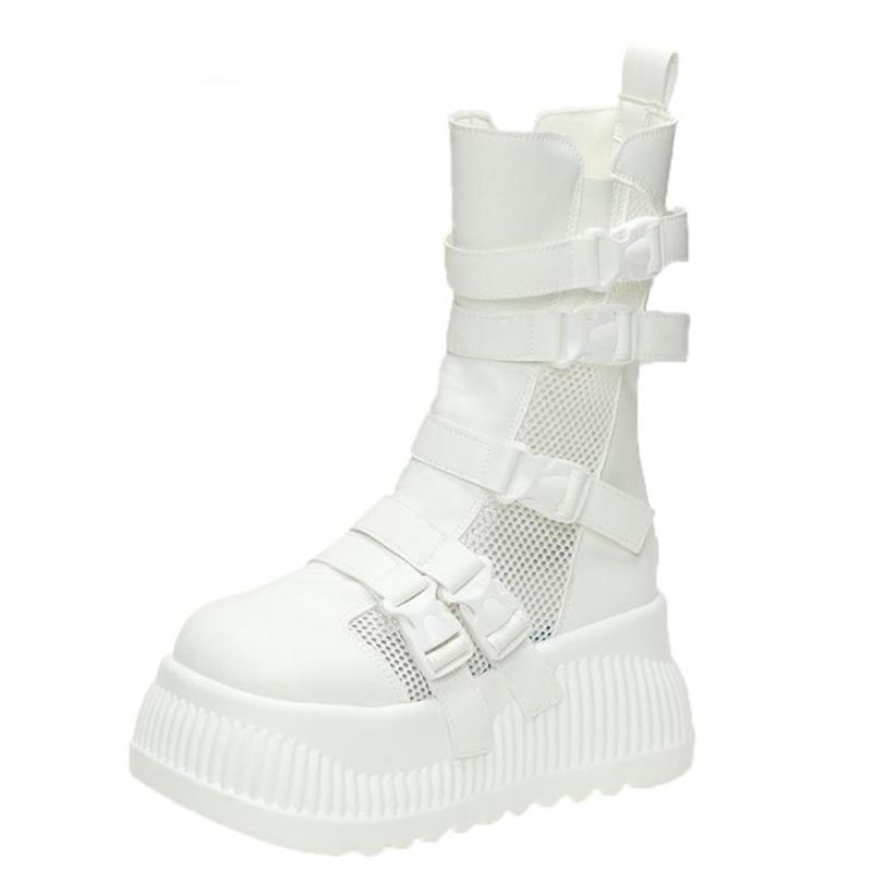 Fashion 8.5CM Women Spring Summer Boots Fashion Breathable Mesh Hollow Sneakers High Platform Ankle Boots For Woman Outdoor Chunky Shoes