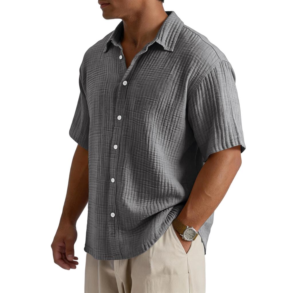 Men’s Loose Fit Casual Cotton Crinkle Texture Shirt Short Sleeve Button Down Collared Top for Everyday Wear