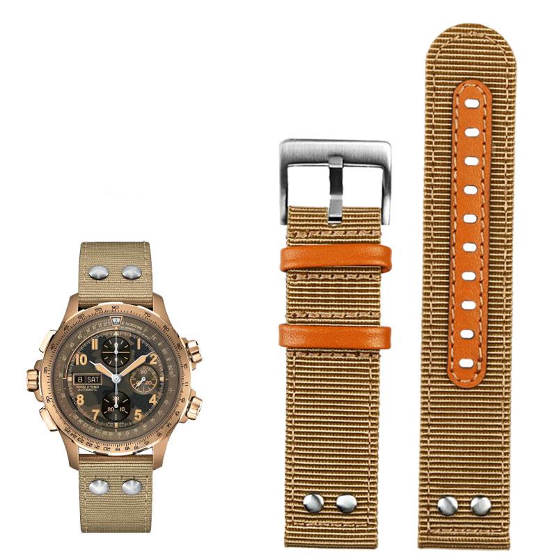 Nylon+Leather Watchband For Sei-ko Hamilton Khaki Aviation Beyond Wind Series Canvas with Rivet Military Watch Band Strap 22mm