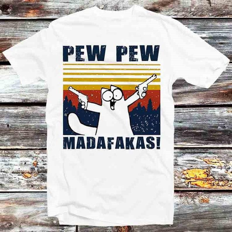 

230 г/м2 100% хлопок Pew Pew Madafakas забавный дизайн рисунок кота футболка винтаж ретро крутой подарок мужской женский унисекс мультфильм аниме топ футболка B661 XXS белый