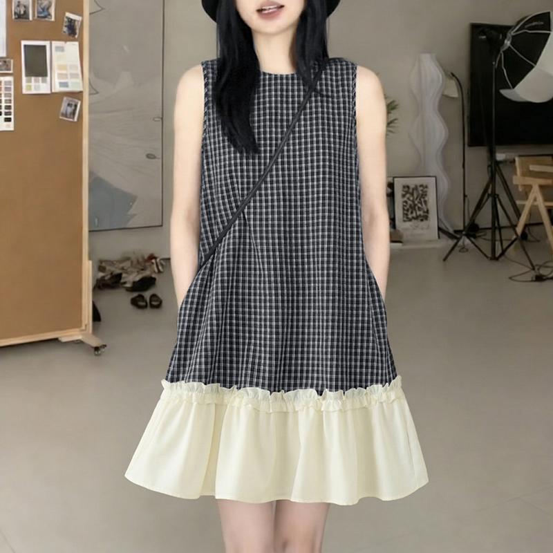 ZANZEA Women Casual Grid Print Round Neck Sleeveless Dress S чёрный