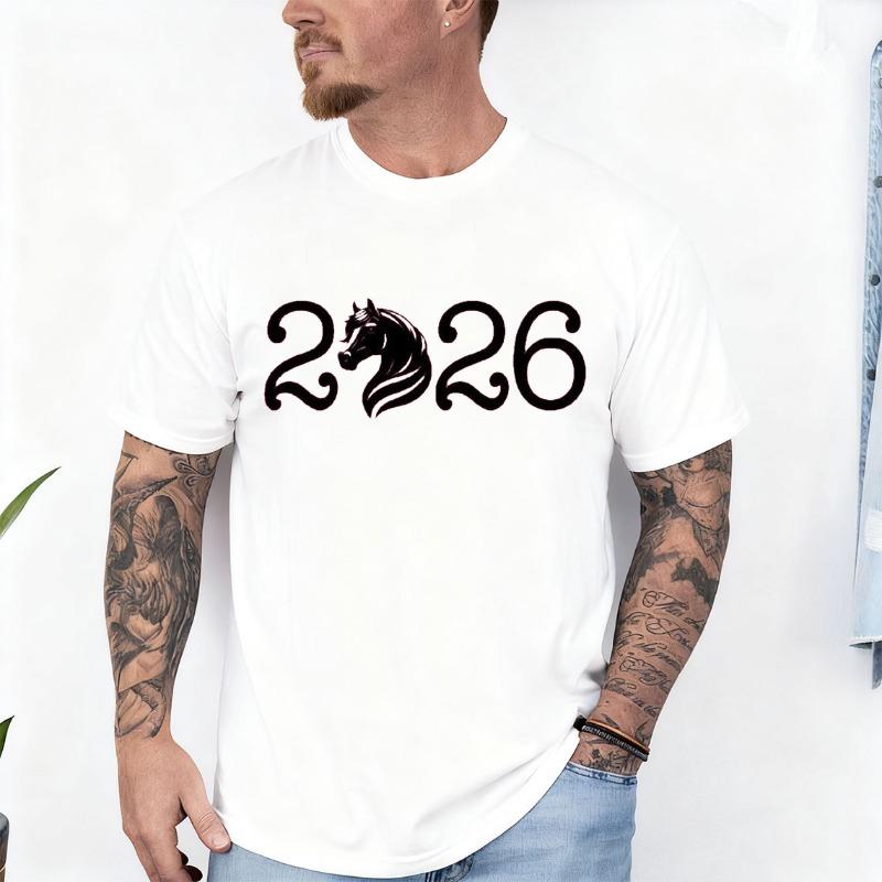 2026 New Years Horse Silhouette Youth TShirt Crew Neck Short Sleeve Cotton Top All Seasons Casual Fashion Comfortable Tees