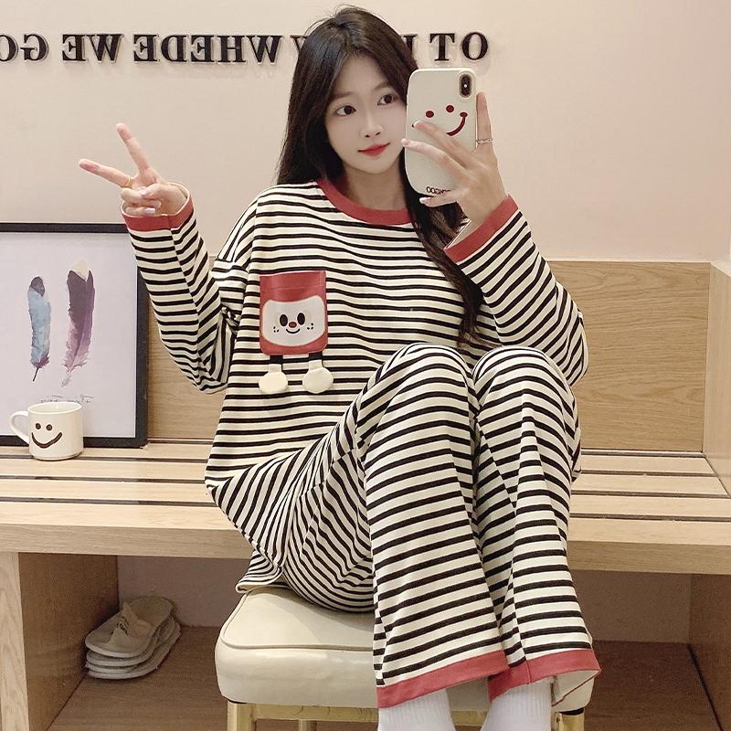 Paski Zielony Zestaw Piżamowy Damski Urocza Codzienna Bielizna Nocna Długi Rękaw Długie Spodnie Jesień Zima Piżama Dziewczęca Miękka Przytulna Piżama Damska