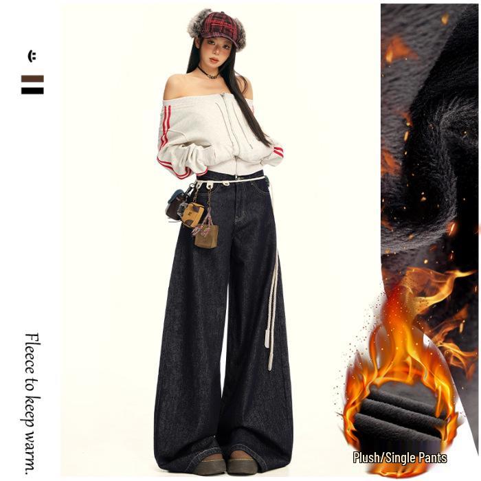 

2025 American High Waist Wide-Leg Denim Pants with Fleece Lining S