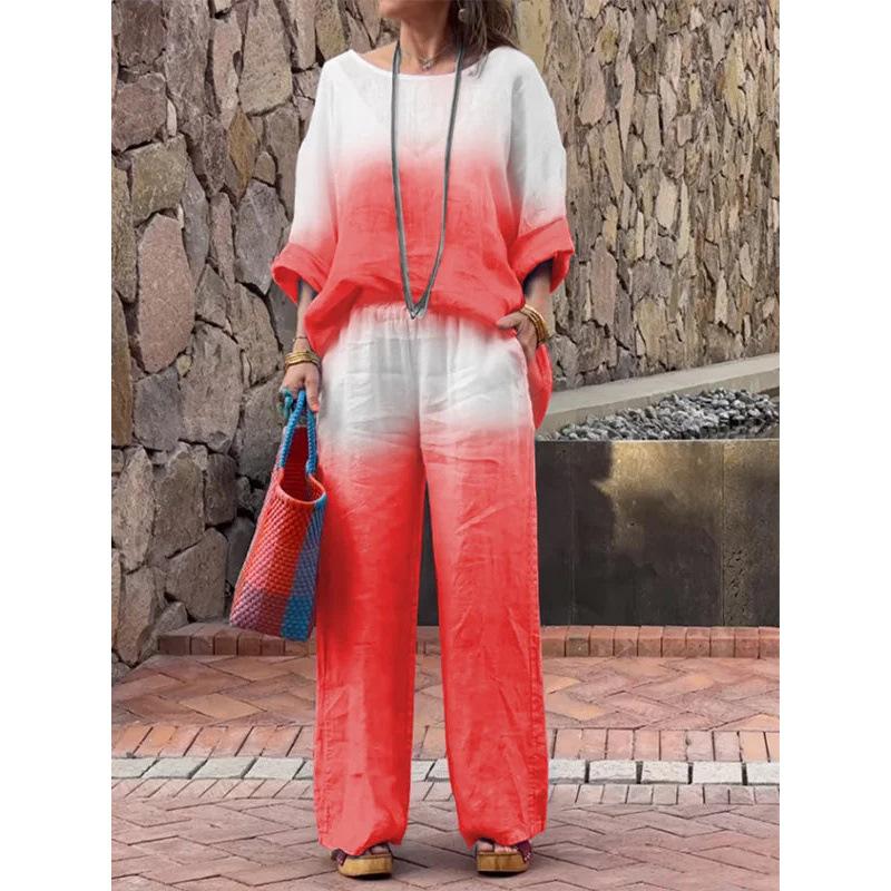 Women's Loose Fit Two-Piece Outfit Set 3/4 Sleeve Boat Neck Top High Waist Wide Leg Pants