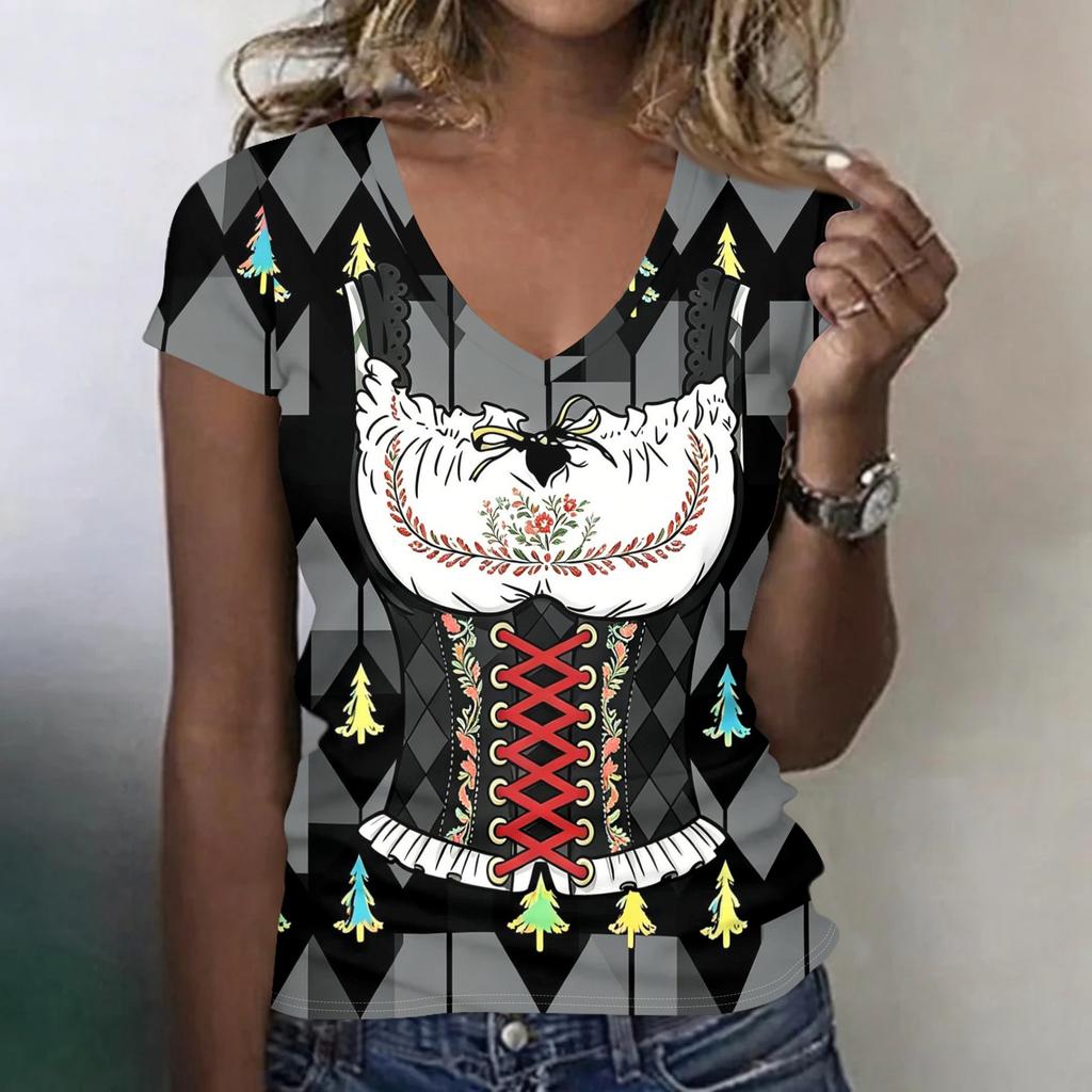Camiseta Casual de Manga Corta con Cuello en V para Mujer Estampado Oktoberfest Top Tejido Ligero y Transpirable Camiseta de Corte Holgado para Uso Diario