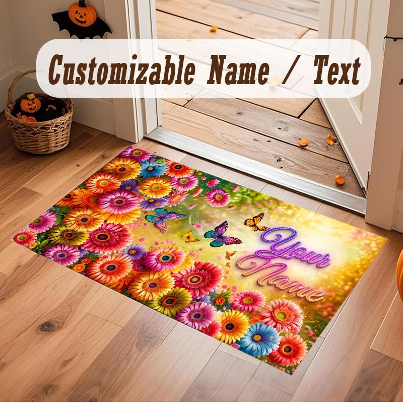 Floral Garden Theme Soft Crystal Velvet Rug Custom Name & Text Print Non Slip Floor Rug for Bedroom Living Room
