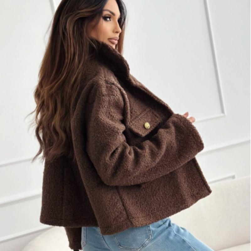Autumn Winter Turn Down Collar Plus Size Women's Jacket Long Sleeve Fashion Casual Woolen Coats Women Elegant Vintage Solid Loose Short Jackets 24999