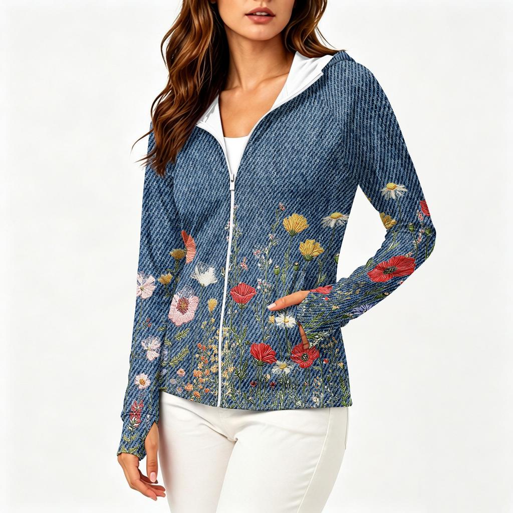 Damen Kapuzenjacke mit Reißverschluss, langen Ärmeln und Taschen, mit Blumenmuster, leichte SonnenSchutz-Außenjacke für Outdoor-Aktivitäten