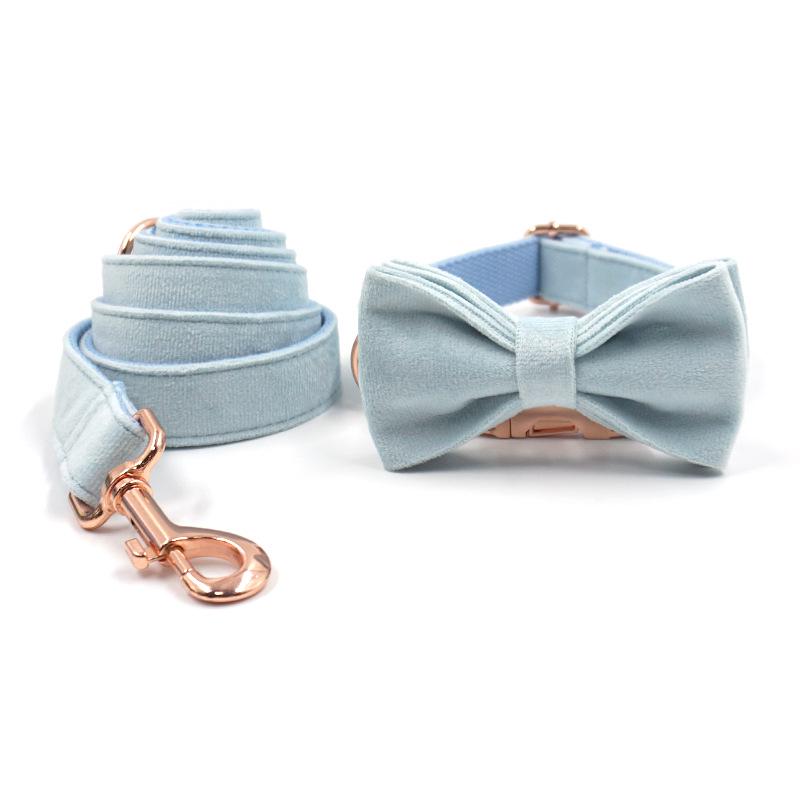 Sky Blue Velvet Bowknot Engravable Dog Collar and Leash Set XL