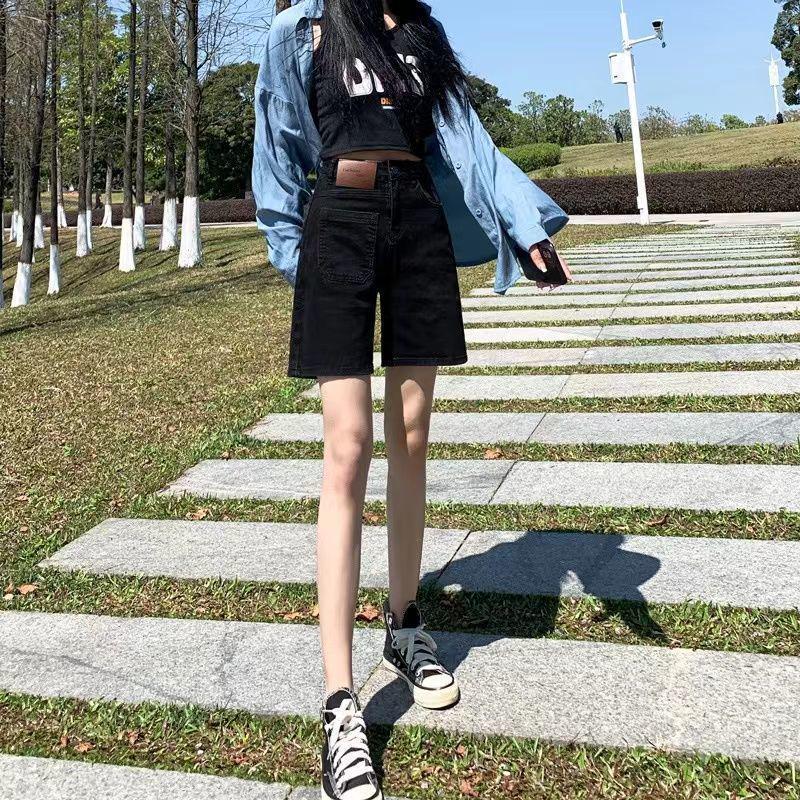 Women's High-Waisted Black Denim Shorts - Summer Slimming, Loose, Wide-Leg Versatile Hot Pants.