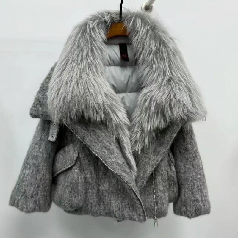 Womens Short Down Coat 2026 Winter Luxury Raccoon Fur Collar Wool Blend Oversized Warm Puffer Jacket