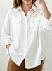 Women's Oversized White Linen Texture Button-Up Shirt with Double Flap Pockets - Summer Casual Vacation Top.
