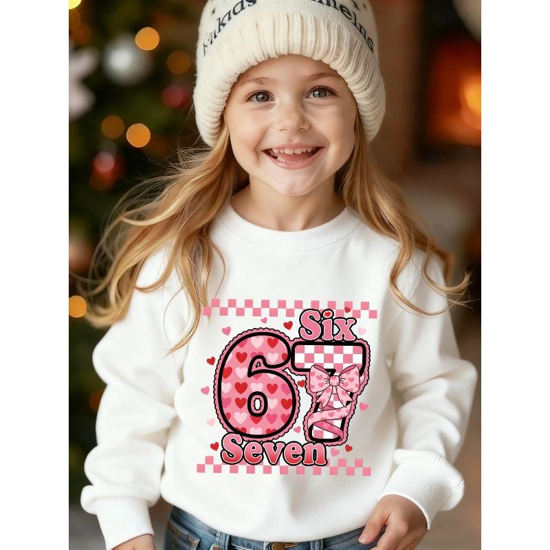 Kids Unisex Crewneck Sweatshirt, Pink Gingham Heart Bow 67 Six Seven Cute Cartoon Print Long Sleeve Pullover, Soft Sweatshirts for Boys Girls Ages 4+