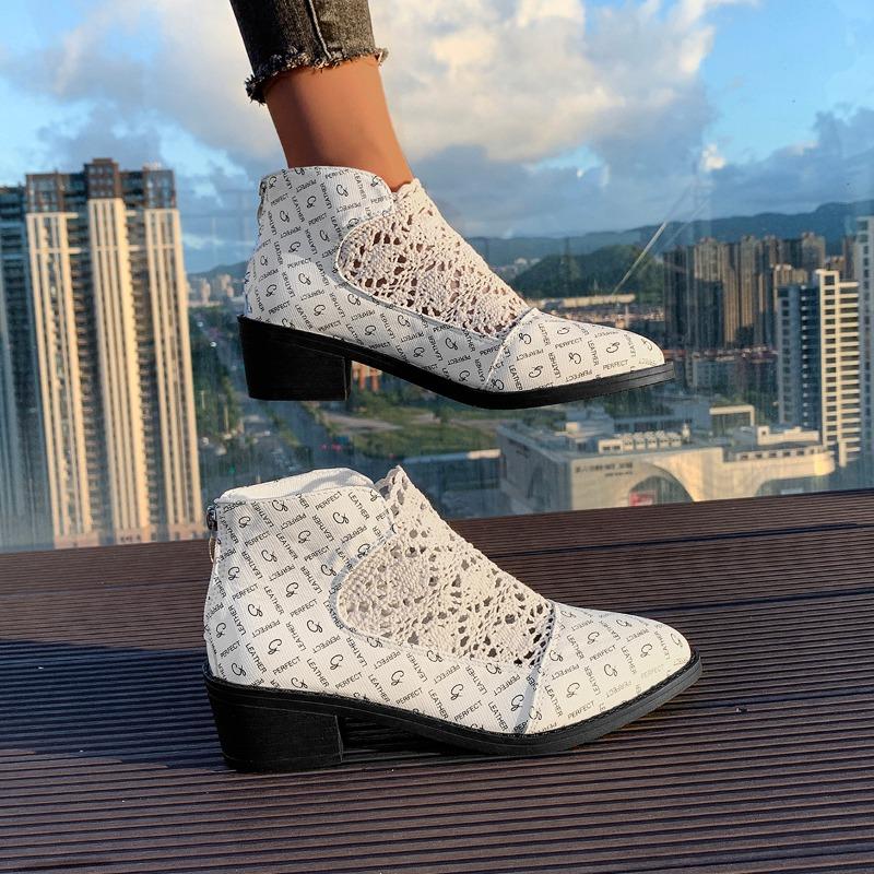 Fashion Women's Fashion Low Heel Shoes Fall New Pointed Ankle Boots Hollow Breathable Fabric Back Zipper Western Boots