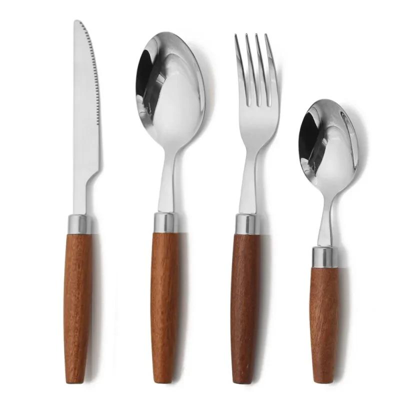

Stainless Steel Tableware Set Wooden Handle Knife Fork Spoon Cutlery Coffee Dessert Spoon Restaurant Utensil Kitchen Gadgets