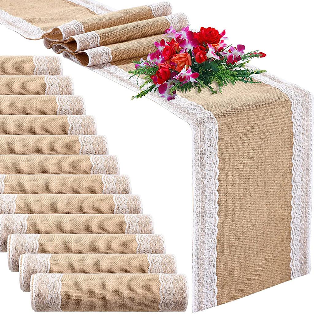 Burlap Table Runner Jute Stitching Farmhouse Table Runners for Home Dining Room Country Vintage Wedding Banquet Decoration