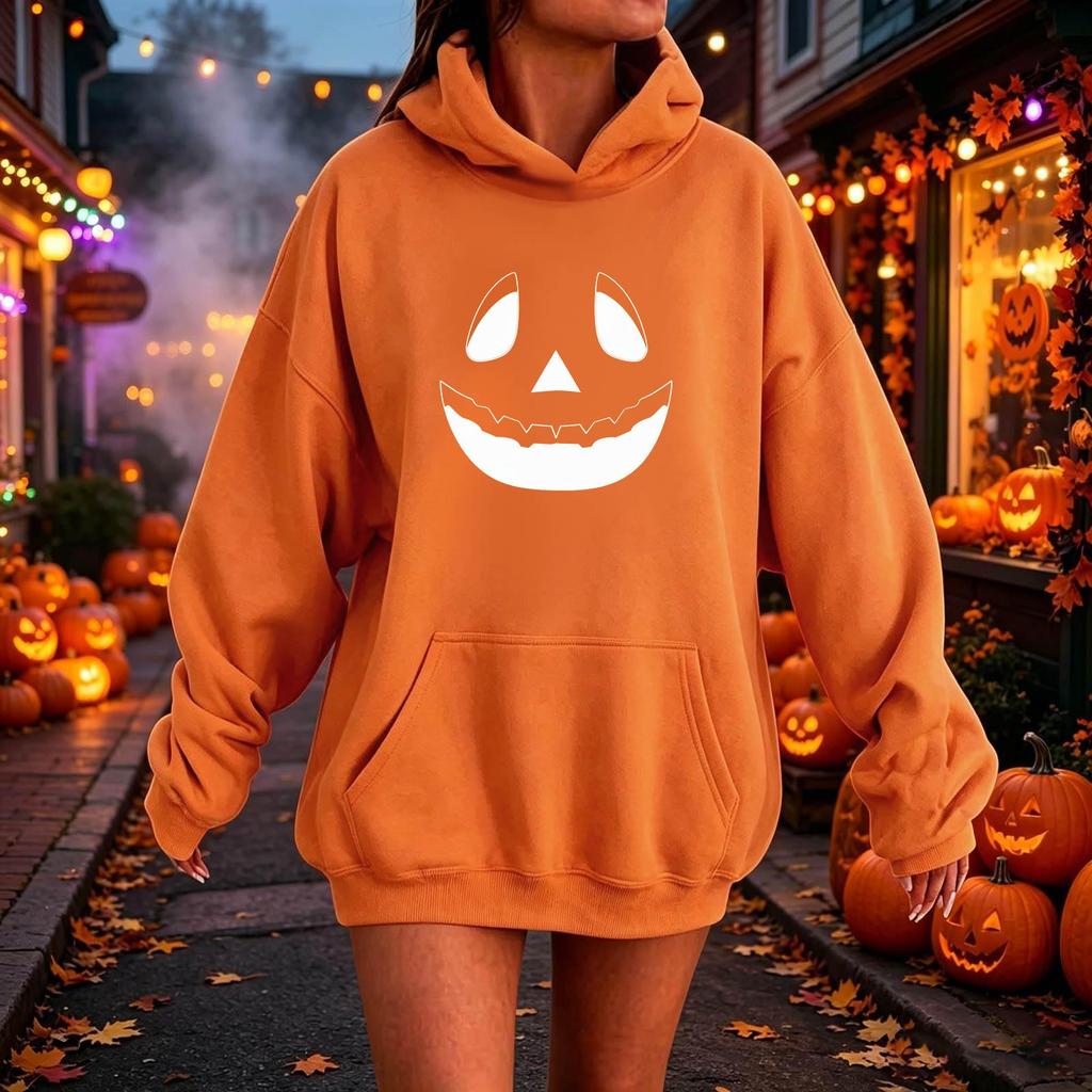 Damen Kapuzenpullover mit lässigem Halloween-Print, Langarm-Pullover für trendige saisonale Outfits