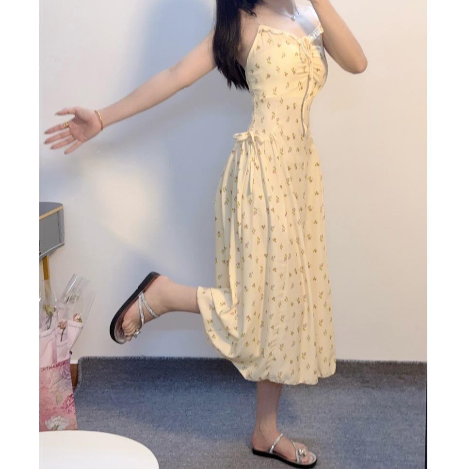 Women's Summer New Atmosphere Commuting Temperament Long Skirt French Yellow Floral Skirt Small Suspender Dress