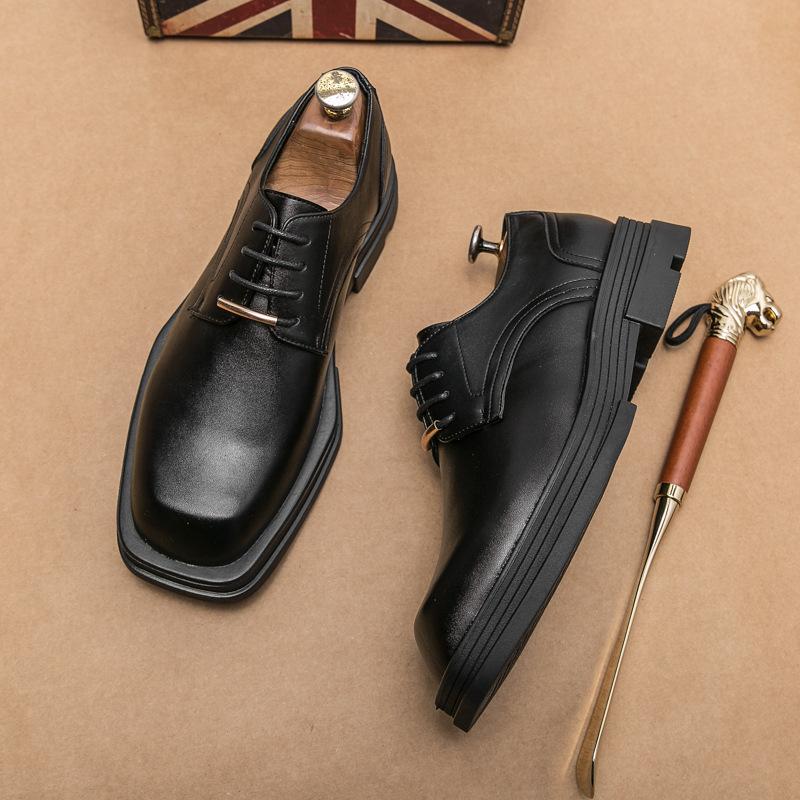 Foreign Trade Business Dress New Men's Square Head Casual Small Leather Shoes Korean Version Trendy Hairstylist Thick-soled White Single Shoes