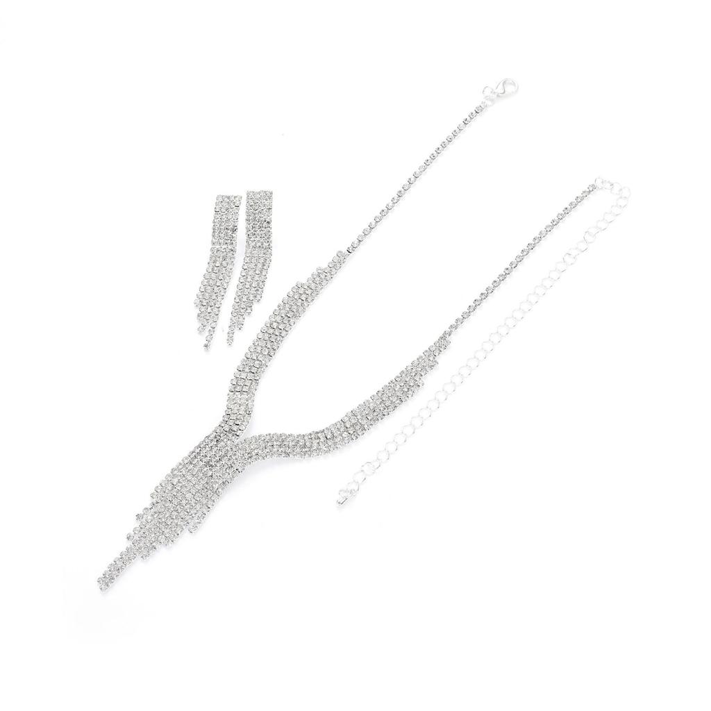Retro Full Diamond Tassel Clavicle Necklace & Earring Set with Rhinestone Chain - Elegant Evening Accessory for Women