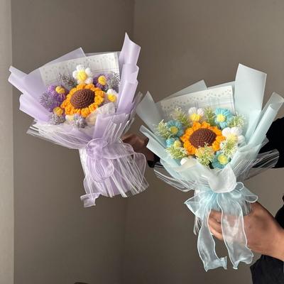 Finished Cute Bear Flower Bouquet Woven Simulation Crochet Bouquet Artificial Flowers