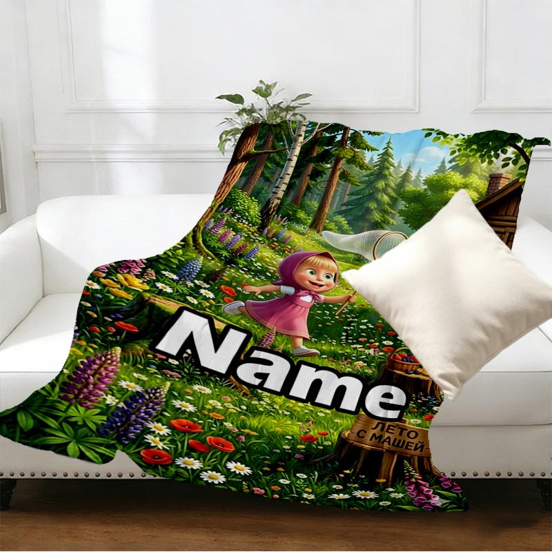 Custom Name Personalized Masha and The Bear Print Blankets, Home Decor, Bedroom, Sofa, Camping, Couch, Gifts for Birthday Christmas