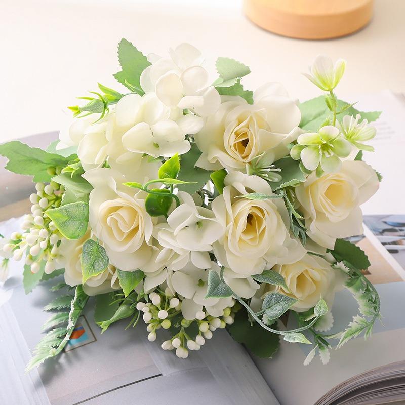 4 Pcs Artificial Rose Hydrangea Bouquet 26cm Silk Fake Flowers for Wedding Home Indoor Decoration