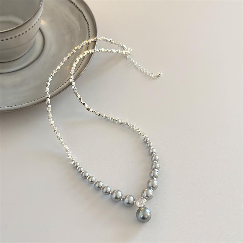 Luxury and Minimalist Design, Strong Light Pearl and Silver Chain Necklace. High-end, Gradient Square Pearl Necklace.