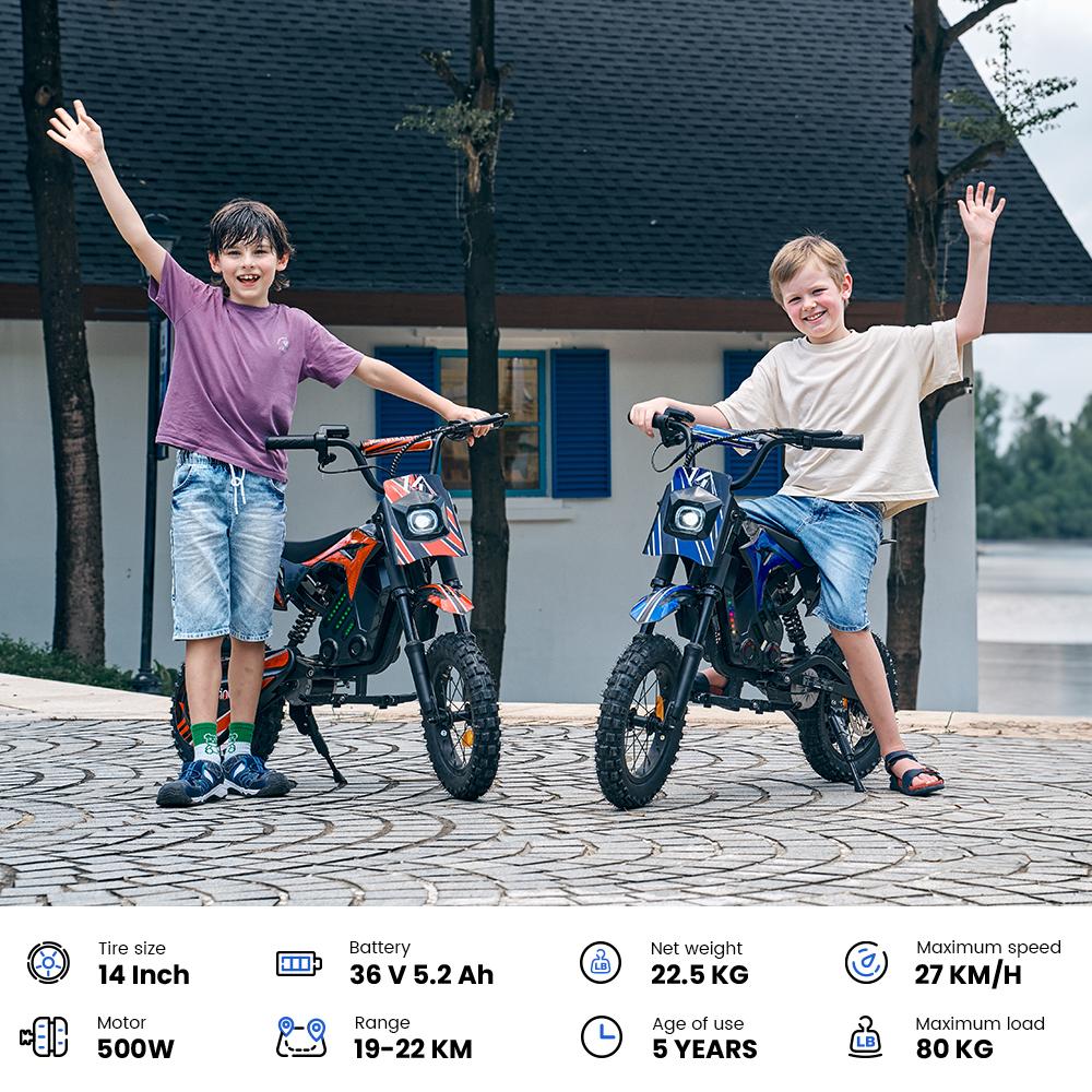 A14 Kids Electric Bicycles 14 Inch 500W Motor 36V5.2Ah Battery 20-22km Range Shock Absorption, Bluetooth LED Lights