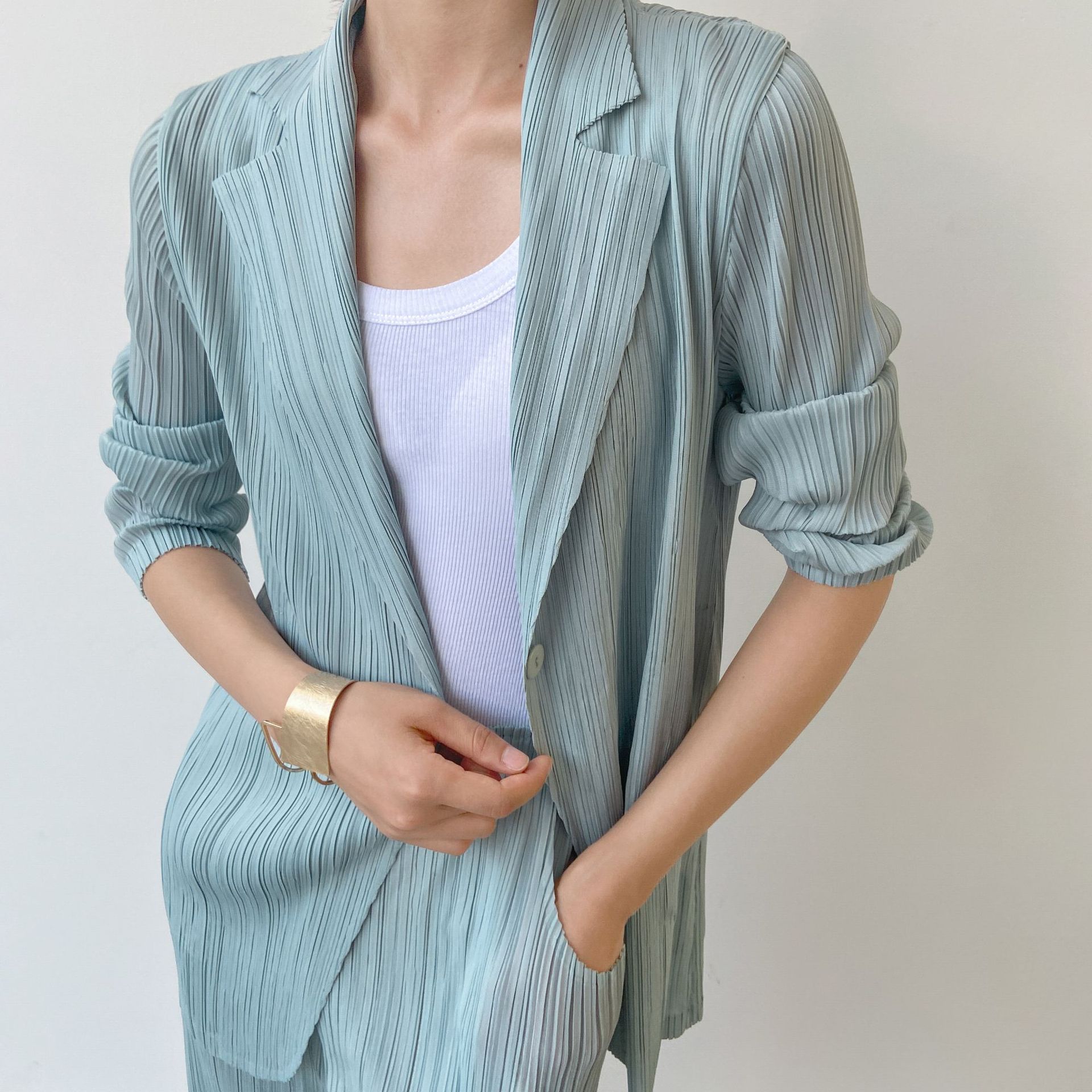 

Плиссированный пиджак, женское пальто с длинными рукавами и зубцами на одной пуговице, однотонные тонкие куртки в офисном женском стиле, весенне-осенняя одежда One size зелёный