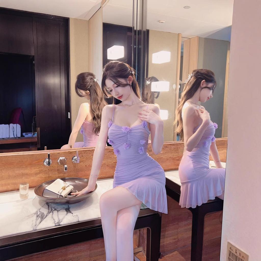 Sexy flower splicing mesh fishtail hem suspender dress slim short pure hip wrap small black dress