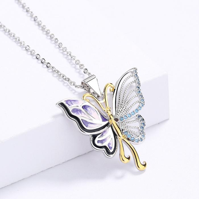 

Retro Palace Gold Divided Oil Painting Butterfly Ring Necklace Asymmetric Earrings Three Piece Set